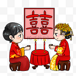 古代古装结婚礼服喜服新郎新娘手绘插画