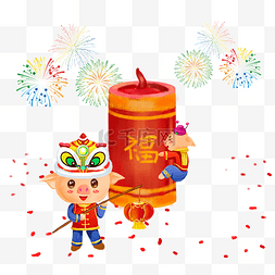 灯笼舞狮子小猪图片_卡通灯笼春节新年小猪