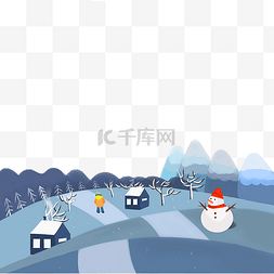 雪景树林图片_装饰边框冬天雪景风景村庄雪人PNG