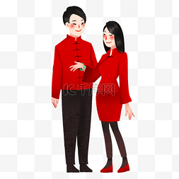 红色创意海报图片_卡通手绘穿红色情侣装的情侣创意