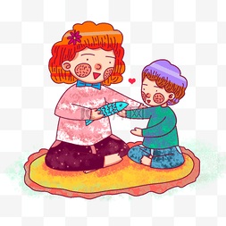 手绘妇女节母亲和孩子玩耍