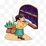 冬季取暖女生赏雪手绘插画