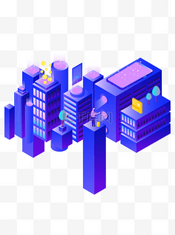 手绘卡通2.5D蓝色城市楼群建筑