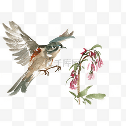 鸟水彩画图片_飞向植物的鸟水彩画PNG免抠素材