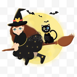 万圣节圆月女巫和黑猫骑扫把插图
