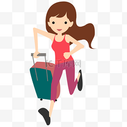 拉行李箱旅行图片_卡通矢量简约拉着行李箱奔跑的女