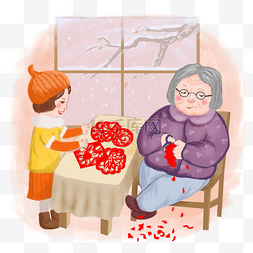 下雪天图片_迎接春节老人剪窗花场景