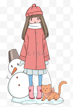冬季红色衣服的小女孩手绘插画