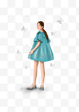 手绘公主裙的女孩和蝴蝶