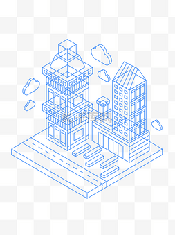 城市建筑线条蓝色图片_矢量等距立体2.5D蓝色线性城市建