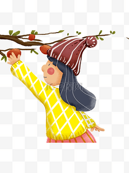 彩绘摘柿子的小女孩插画设计可商