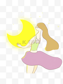 商用手绘清新拥抱月亮的少女