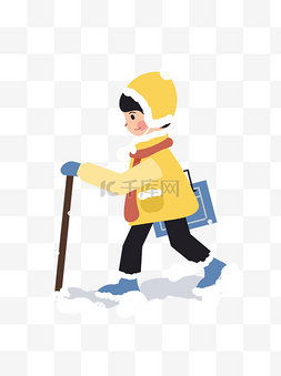 男孩冬天图片_卡通手绘男孩在雪地里走路元素