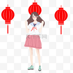 红色手绘少女图片_手绘插图可爱少女喜庆灯笼PSD源文