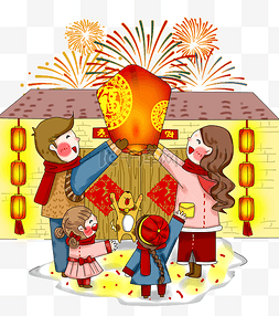 高清新春喜庆图片_卡通手绘厚涂欢庆猪年家人团聚放