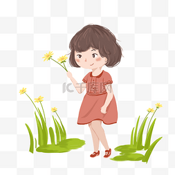 拿着树叶的女孩图片_ 拿着小花的女孩