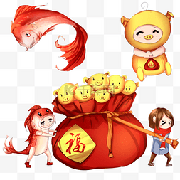 猪字福图片_手绘新年金猪送福