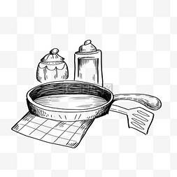 厨房调料瓶图片_线描平底锅餐具插画