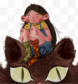日系创意素材图片_日系插画小女孩坐猫头上卡通插画