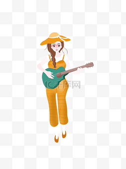 手绘弹吉他的女孩插画元素