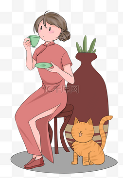 喝养生保健茶汤美女人物插画