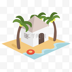 海边小房子图片_2.5D沙滩建筑插画