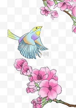 鲜花和花瓣图片_工笔画鲜花和彩色的小鸟