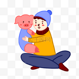 手绘卡通2019猪年少年和小猪