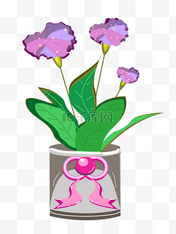 紫色手绘卡通鲜花盆栽