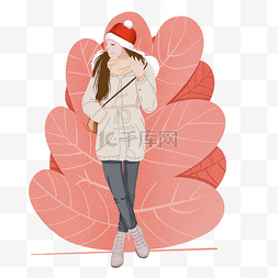 粉温馨图片_粉色圣诞节女生人物插画素材