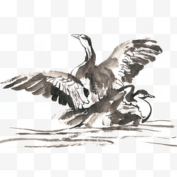 河边的水鸟水墨画PNG免抠素材