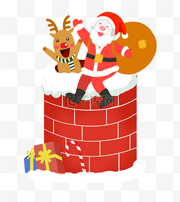 圣诞老人和烟囱图片_圣诞节卡通手绘坐在烟囱上的圣诞