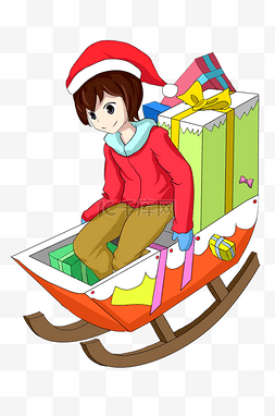 礼盒人物插画图片_手绘圣诞节雪橇人物插画