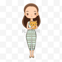 卡通插画抱着猫咪的女孩