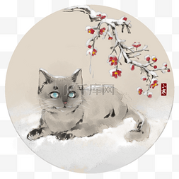 灰色手绘图片_手绘中国风24节气小寒狸猫雪中戏