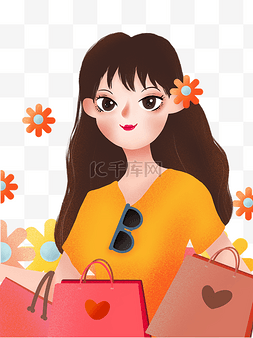 女生节狂欢图片_手绘卡通插画风人物女孩购物png免