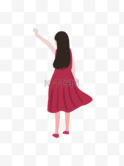 手绘女孩背影图片_小清新穿红裙的女孩人物背影设计