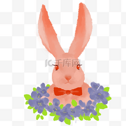 手绘水彩绘本蓝粉红兔子