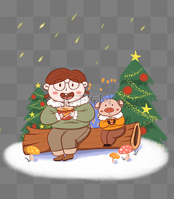 坐着吃图片_圣诞节树桩上坐着吃泡面的人和猪