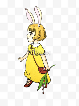 卡通兔兔女孩图片_秋分暖金色手绘插画手拿麦穗的兔