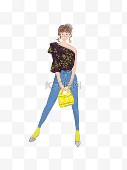 包包设计图片_手绘卡通时尚女孩提着黄色包包元