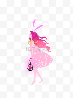  提着小马灯的粉色裙子可爱兔女