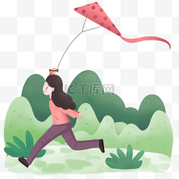小女孩在草地放风筝