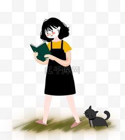 走路的小猫图片_走着路看书的小女孩