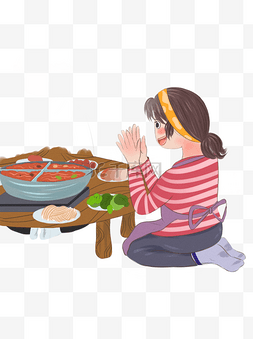 冬季少女插画图片_开心吃火锅的女生彩绘设计