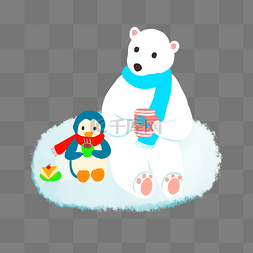 冬季寒冷天北极熊和企鹅喝下午茶