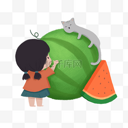 猫咪抱图片_夏天女孩猫咪西瓜手绘免扣png