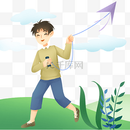 春天的图片春天图片_春游放风筝的男孩插画