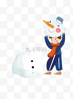 正在堆雪人的小男孩手绘人物
