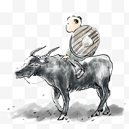 水墨插画清明节国画放牛的牧童